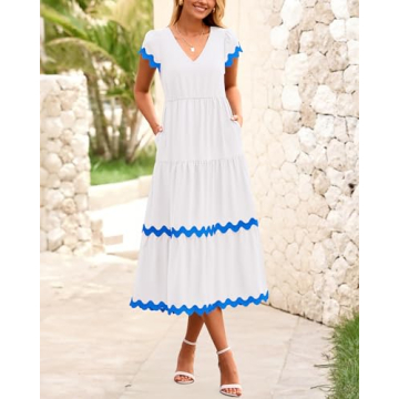 BTFBM Spring Summer Midi Dress with Elegant RIC Rac Trim