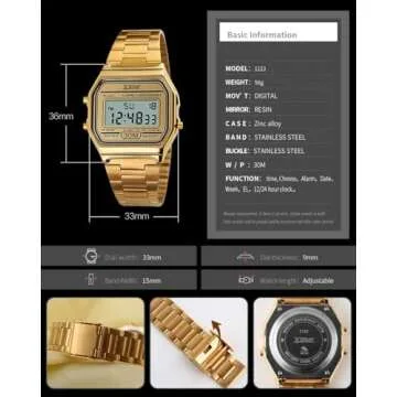 Digital Sports Watch Men's Women Water Resistant Outdoor Stainless Steel Band Electronic Square LED Back Light Classic Wristwatch Gold 1123