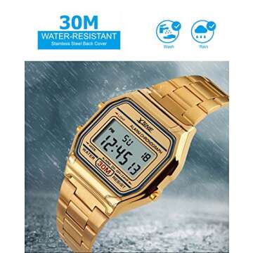 Digital Sports Watch Men's Women Water Resistant Outdoor Stainless Steel Band Electronic Square LED Back Light Classic Wristwatch Gold 1123