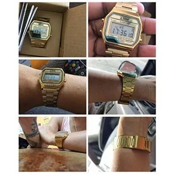 Digital Sports Watch Men's Women Water Resistant Outdoor Stainless Steel Band Electronic Square LED Back Light Classic Wristwatch Gold 1123