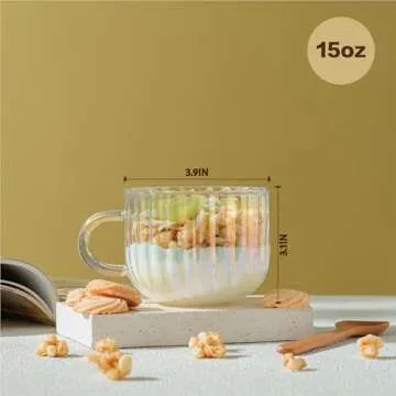 Wlasss 4pcs Vintage Iridescent Glass Coffee Mugs-Seamless Design, 15 Oz Ribbed Glass Mugs with Handl...