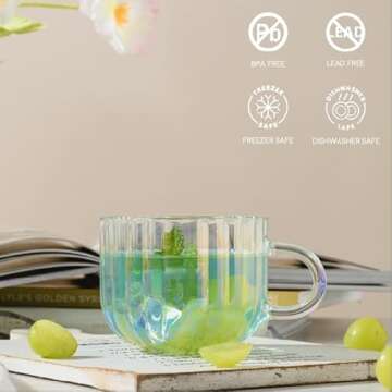 Wlasss 4pcs Vintage Iridescent Glass Coffee Mugs-Seamless Design, 15 Oz Ribbed Glass Mugs with Handle, Lead-Free Glass Coffee Cups for Latte, Cereal, Yogurt, Hot/Cold Beverage, Gifts for Women