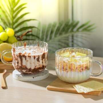 Wlasss 4pcs Vintage Iridescent Glass Coffee Mugs-Seamless Design, 15 Oz Ribbed Glass Mugs with Handle, Lead-Free Glass Coffee Cups for Latte, Cereal, Yogurt, Hot/Cold Beverage, Gifts for Women