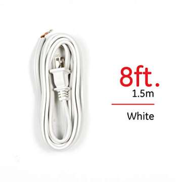 GE Power Gear 8 Ft Lamp Cord, Polarized Molded Plug, 2-Prong, DIY Repair/Replacement, UL Listed, White, 54475