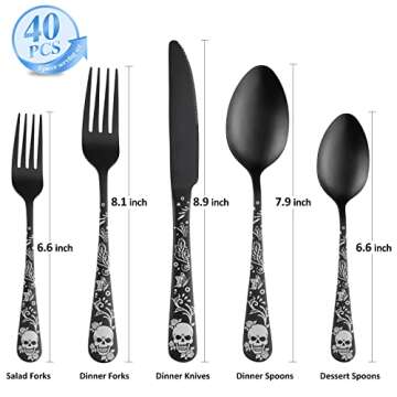 SANLUNS 40 Piece Skull Pattern Matte Silverware Set for 8, Black Flatware set Service for 8,Gothic Unique Skull Pattern Design,18/0 Stainless,Satin Finish Cutlery for 8,Dishwasher Safe
