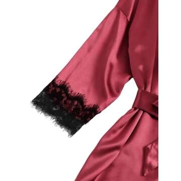 SOLY HUX Women's Satin Pajama Set 4pcs Floral Lace Trim Cami Lingerie Sleepwear with Robe Burgundy Small