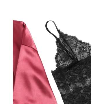 SOLY HUX Women's Satin Pajama Set 4pcs Floral Lace Trim Cami Lingerie Sleepwear with Robe Burgundy Small