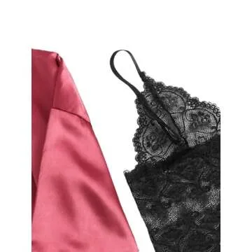 SOLY HUX Women's Satin Pajama Set 4pcs Floral Lace Trim Cami Lingerie Sleepwear with Robe Burgundy Small