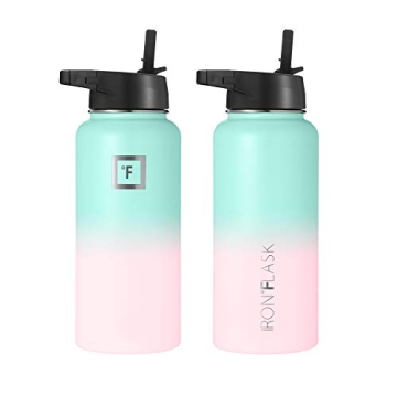 IRON °FLASK Camping & Hiking Hydration Flask with 3 Lids - Stainless Steel, Double Walled & Vacuum Insulated Water Bottle - Leak Proof & BPA Free (Bubble Gum, Straw - 32 oz)