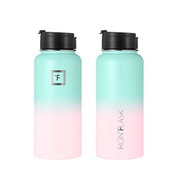 IRON °FLASK Camping & Hiking Hydration Flask with 3 Lids - Stainless Steel, Double Walled & Vacuum Insulated Water Bottle - Leak Proof & BPA Free (Bubble Gum, Straw - 32 oz)