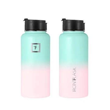IRON °FLASK Camping & Hiking Hydration Flask with 3 Lids - Stainless Steel, Double Walled & Vacuum Insulated Water Bottle - Leak Proof & BPA Free (Bubble Gum, Straw - 32 oz)