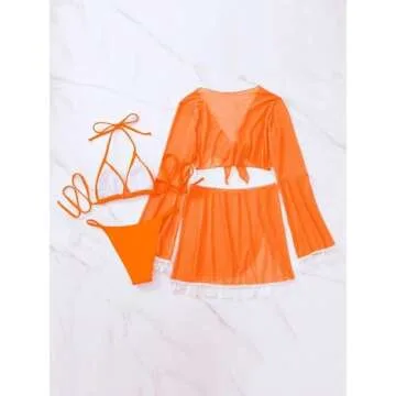 SKAYS Bikini Sets for Women,Bathing Suit for Women,Womens Bikini,Women’s Bikini Swimsuit Cover Up,4 Piece Swimsuits Orange L