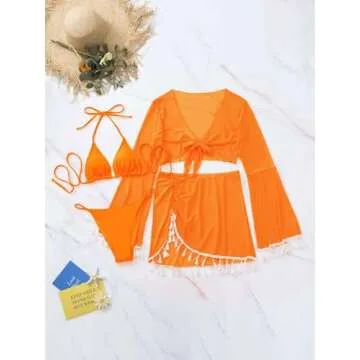 SKAYS Bikini Sets for Women,Bathing Suit for Women,Womens Bikini,Women’s Bikini Swimsuit Cover Up,4 Piece Swimsuits Orange L