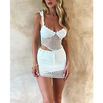 Women Y2K 2 Piece Outfits Crochet Knit Shorts Skirt Sets Hollow Out Slim Crop Top Shorts Mini Skirts Beach Outfits A-White