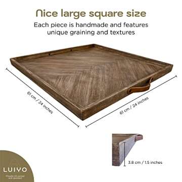 LUIYO Large Ottoman Wood Tray- with Leather Handle Decorative Wooden 24 x 24 x1.5 Inches Square Serving Tray Best for Coffee Table, Living Room and Kitchen (Large 24 * 24)