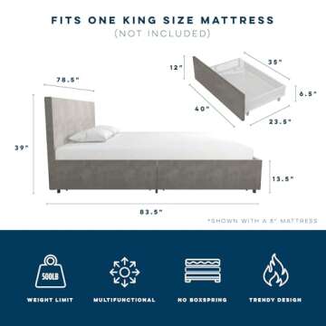 Novogratz Kelly Bed with Storage, King Size, Velvet