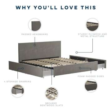 Novogratz Kelly Bed with Storage, King Size, Velvet