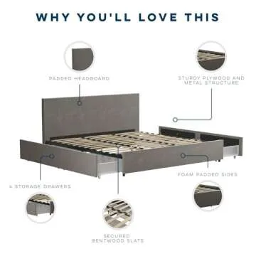 Novogratz Kelly Bed with Storage, King Size, Velvet