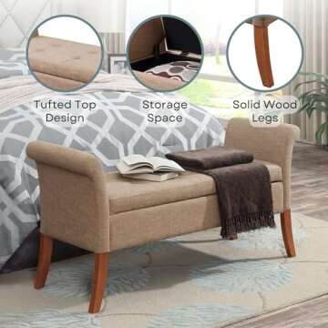 Convenience Concepts Designs4Comfort Garbo Upholstered Storage Bench 51.25" - Contemporary Ottoman Bench for Living Room, Bedroom Sitting Bench, Storage Bench with Seating for Entryway, Tan Fabric