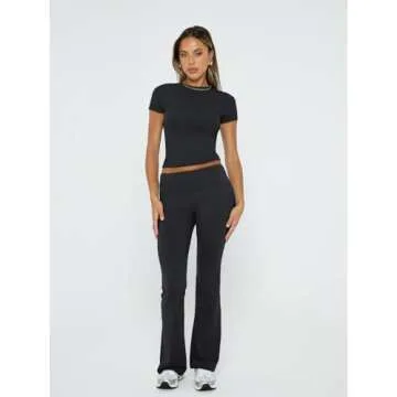 Trendy Queen Lounge Sets For Women 2 Piece Casual Y2K Outfits Short Sleeve Cropped Tops Fold Over Flare Pants Tracksuits Black L
