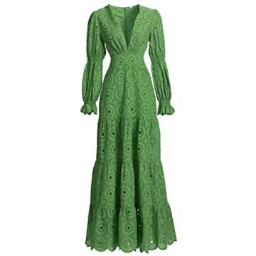 Autumn Women Sexy V Neck Lantern Sleeve High Waist Hollow Out Vintage Vacation Dresses