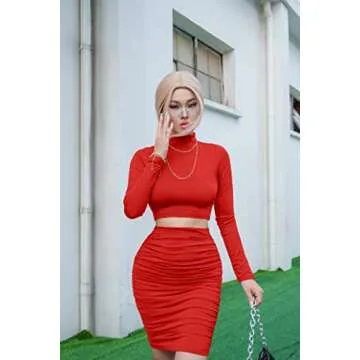 GOKATOSAU Women's Sexy Bodycon 2 Piece Outfits Dress Long Sleeve Crop Top Ruched Skirt Red