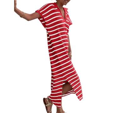 Saodimallsu Womens Striped Summer Dresses Short Sleeve V Neck Knit Collared Sexy Slit Loose Maxi Swe...