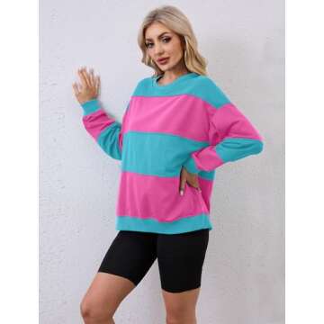 RONGCAT Women's Oversized Striped Sweatshirts Crewneck Long Sleeve Loose Fit Color Block Pullover Tops Casual Comfy Fall Fashion Outfits Clothes 2024 Pink-green XL