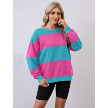 RONGCAT Women's Oversized Striped Sweatshirts Crewneck Long Sleeve Loose Fit Color Block Pullover Tops Casual Comfy Fall Fashion Outfits Clothes 2024 Pink-green XL