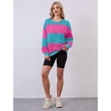 RONGCAT Women's Oversized Striped Sweatshirts Crewneck Long Sleeve Loose Fit Color Block Pullover Tops Casual Comfy Fall Fashion Outfits Clothes 2024 Pink-green XL