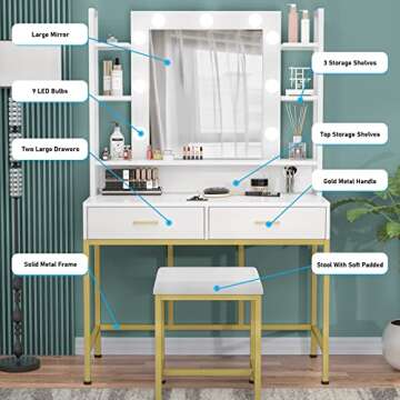 PAKASEPT Vanity Table with Lighted Mirror, Elegant Makeup Vanity Dressing Table with LED Lights and 2 Drawers & Cushioned Stool & Storage Shelves for Women Girls (White)