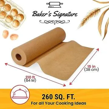 260 Sq.Ft Unbleached Parchment Paper for Baking – Roll with Cutter, Heavy Duty Non-Stick Brown Parchment for Baking, Cooking, Grilling, Steaming and Air Fryer, 15in x 210ft by Baker’s Signature