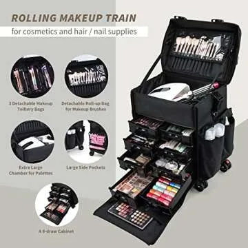Costravio Professional Makeup Case, 2in1 Travel Makeup Rolling Case Soft Sided Cosmetology Train Case with Wheels Makeup Artist Cosmetic Organize for Make-up, Nail Art, Beauty, Hairstylist, Black