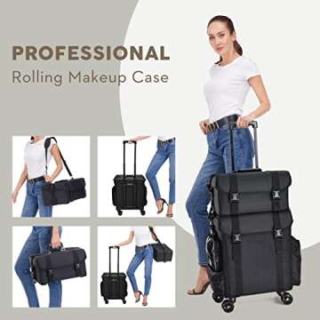 Costravio Professional Makeup Case, 2in1 Travel Makeup Rolling Case Soft Sided Cosmetology Train Case with Wheels Makeup Artist Cosmetic Organize for Make-up, Nail Art, Beauty, Hairstylist, Black