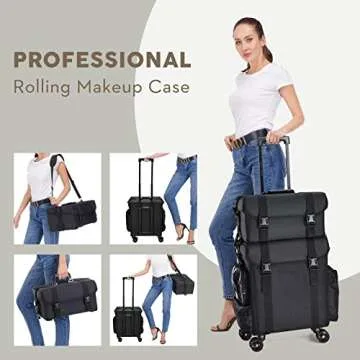 Costravio Professional Makeup Case, 2in1 Travel Makeup Rolling Case Soft Sided Cosmetology Train Case with Wheels Makeup Artist Cosmetic Organize for Make-up, Nail Art, Beauty, Hairstylist, Black