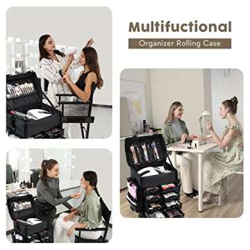 Costravio Professional Makeup Case, 2in1 Travel Makeup Rolling Case Soft Sided Cosmetology Train Case with Wheels Makeup Artist Cosmetic Organize for Make-up, Nail Art, Beauty, Hairstylist, Black