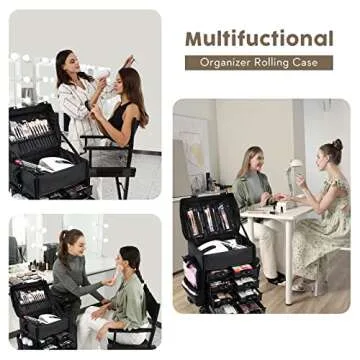 Costravio Professional Makeup Case, 2in1 Travel Makeup Rolling Case Soft Sided Cosmetology Train Case with Wheels Makeup Artist Cosmetic Organize for Make-up, Nail Art, Beauty, Hairstylist, Black
