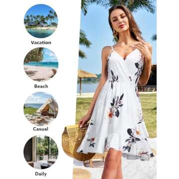 ULTRANICE Womens Summer Dresses 2024 Sundresses Spring Trendy White Floral Flowy Wrap Casual Beach Wedding Guest Vestidos Vacation Outfits Clothes V Neck Spaghetti Strap Midi Dress(White Floral,M)