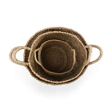 DEMDACO Open Weave Natural Brown 17 x 16 Grass Storage Baskets with Handles Set of 3