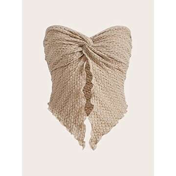 MISSACTIVER Women Twist Knot Front Texture Bandeau Top Sexy Strapless Sleeveless Split Hem Lettuce Trim Tube Crop Top Corset Apricot