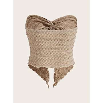 MISSACTIVER Women Twist Knot Front Texture Bandeau Top Sexy Strapless Sleeveless Split Hem Lettuce Trim Tube Crop Top Corset Apricot