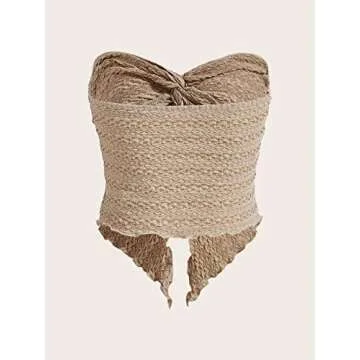 MISSACTIVER Women Twist Knot Front Texture Bandeau Top Sexy Strapless Sleeveless Split Hem Lettuce Trim Tube Crop Top Corset Apricot