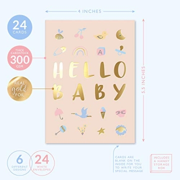 Baby Shower Card Pack - 24 Unisex Designs & Gold Print