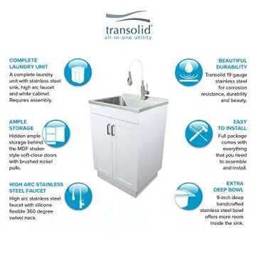Transolid TC-2420-WC 24-in. All-in-One Laundry/Utility Sink Kit, White/Stainless Steel