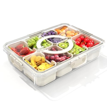 Snackle Box Container, Divided Serving Tray with Lid and Handle, Travel Snack Box, Multi-purpose Food Organizer and Storage Container for Charcuterie Veggie Fruit (11.81"L*8.85"W-1pcs-8 Compartments)