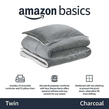 Amazon Basics 3 Piece Bedding Set, Micromink Sherpa, Ultra-Soft, Warm All Season Comforter, Twin, Ch...