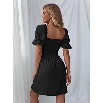 WDIRARA Women's Square Neck Flounce Short Sleeve Shirred Ruffle Hem Dress Black S