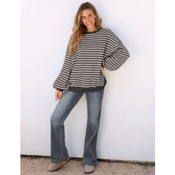 UEU Womens Oversized Striped Shirt Casual Crewneck Long Sleeve Sweatshirt Color Block Trendy Pullover Gray Medium
