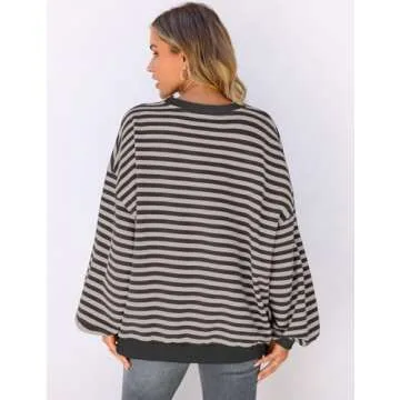 UEU Womens Oversized Striped Shirt Casual Crewneck Long Sleeve Sweatshirt Color Block Trendy Pullover Gray Medium