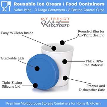 Ice Cream Freezer Storage Containers with Silicone Lids (3 Pack, 1- Quart Each) + 2 Serving Cups – Dishwasher Safe - Large Reusable BPA-Free Tub for Homemade Ice-Cream